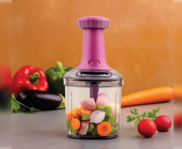 Hand Push Chopper Vegetable Processor - Stainless Steel Blades 400ml Bowl, Manual Press Quick Chop Onion Garlic Herbs Fruits, No Power Portable Kitchen Gadget Easy Clean BPA Free UAE Cooking Pro 